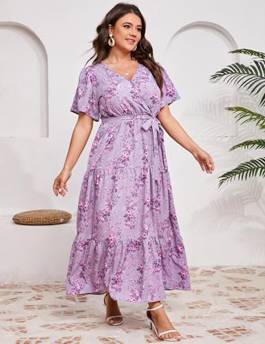 Image of ShopWonder Womens Plus Size V Neck Wrap Maxi Dress High Waist Ruffle Summer Casual Dress with Belt