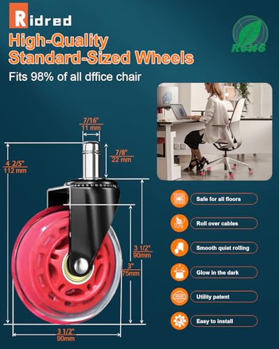 Image of RidRed Gaming Chair Wheels - Heavy-Duty Office Chair Wheels - Replacement Rubber Casters- Universal Fit 3 Inch Chair Casters, Noise Free, Fits 98% Chair, for All Floor (Red)