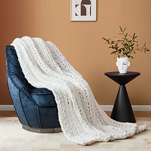 Bedfolks Chunky Knit Blanket Throw - Cream White Jumbo Chenille Yarn 100% Hand Knit, Soft And Fluffy Chenille For Couch, Sofa, Bed, Home Decor, 50" X 60" #TOP6