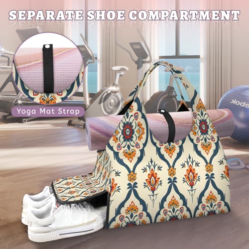 Yoga Bag for Women，Waterproof Polyester Gym Bag Detachable Strap,Shoe Pocket，Double Zipper,Beige Crushed Flower Duffel Bags4