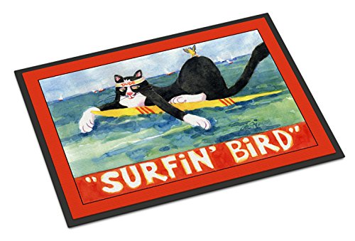 Caroline's Treasures 6051MAT Black and White Cat Surfin Bird Doormat 18x27 Front Door Mat Indoor Outdoor Rugs for Entryway, Non Slip Washable Low Pile, 18H X 27W