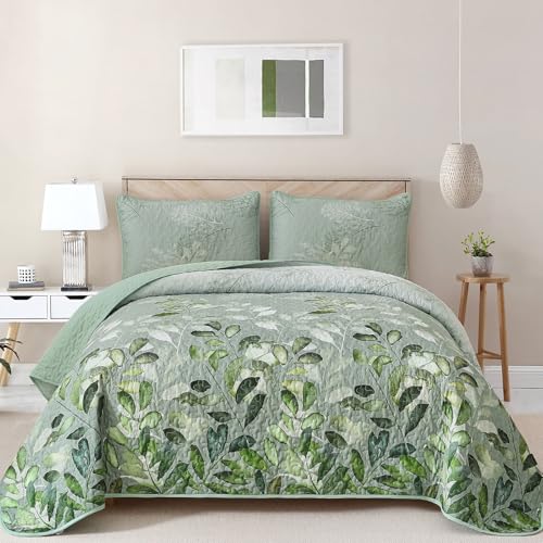 WONGS BEDDING Green Quilt Set Queen Size,3 Pieces Green Floral