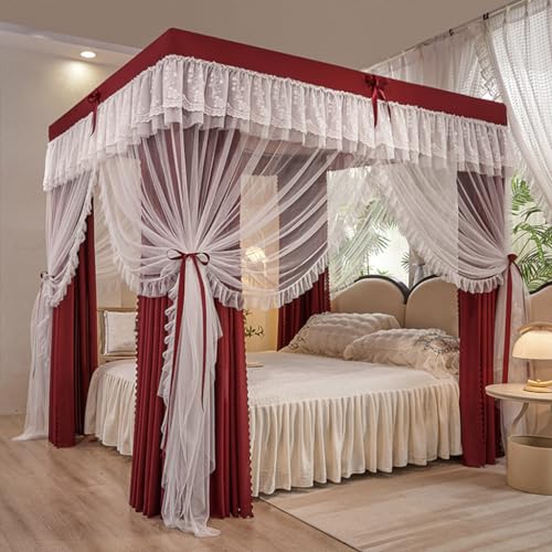 4 Corners Post Solid Color Bed Canopy Curtain Double Layer-Curtain & Ruffle Princess Mosquito Net 4 Opening Netting for Girls Adults Bedroom Decoration (Wine, King)