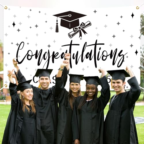 Image of Congratulations Class of 2025 Backdrop, Black & White 2025 Grad Photo Backdrop, High School College Graduation Classroom Banner, Congrats Grad 2025 Graduation Party Decorations, 5.9 * 3.6Ft
