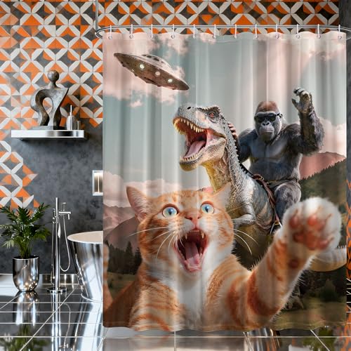 Image of Extra Tall Shower Curtain XL Cool Cat Dinosaur, 70 x 84 Inchs | for Extra Long 84 Inchs Shower, Fun Monkey Novelty Design, Large Bathroom Decor Sets Waterproof Cloth Fabric, with Hooks