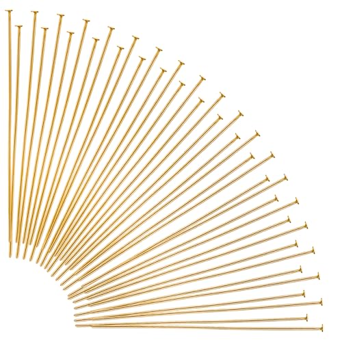 Mabor 200Pcs Flat Head Pins for Jewelry Making 2 Inch, Gold Flat Head Pins T Headpins for Jewelry Making DIY Craft Earring Bracelet Necklace Pendant Supplies