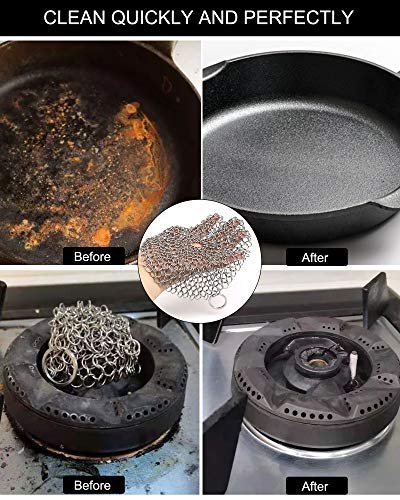 Image of Cast Iron Skillet Cleaner Chainmail,4 Pack Premium Stainless Steel Chain Maille Scrubber for Cast Iron Pans,Stainless Steel,Glassware(7IN &5IN Round)