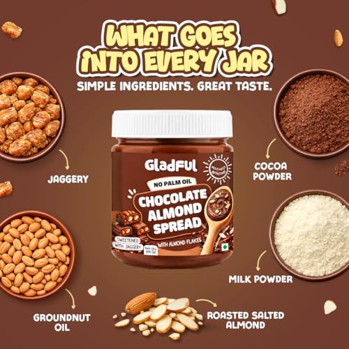 Image of Gladful Chocolate Almond Spread | 300g | No Palm Oil | No Refined Sugar | With Roasted Salted Almond Flakes | Clean Ingredients | Healthy Chocolatey Spread