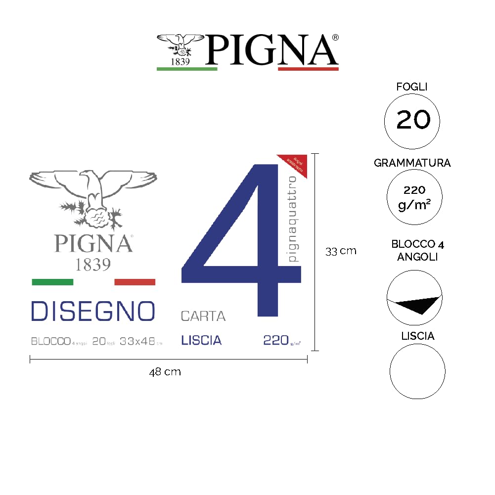 Pigna, Blocco da Disegno con 4 angoli PignaQuattro, Formato 33x48 cm., 20 Fogli da 220 g/m², Perfetto per Disegni e Schizzi, Carta Liscia, confezione 1 pezzo