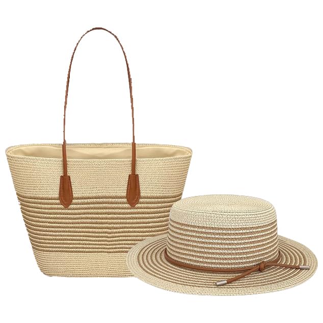 Women’s Straw Beach Bag and Hat Set – Large Woven Tote with Zipper & Sun Hat, Summer Vacation Boho Accessories