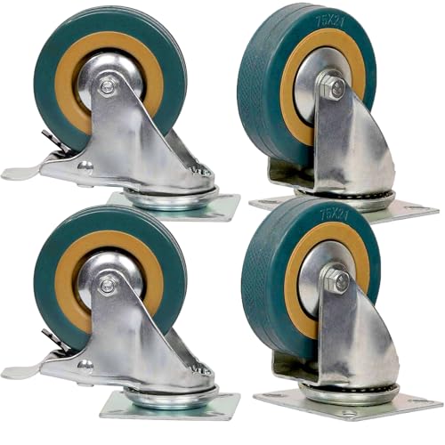 KINJOEK 4 Pack 3 Inch Caster Wheels Swivel 2 with Brakeand 2 Non Brake,360 Degree Polyvinyl Chloride Rubber Wheels for Carts, Furniture, Workbench, Trolley, 440lb Capacity