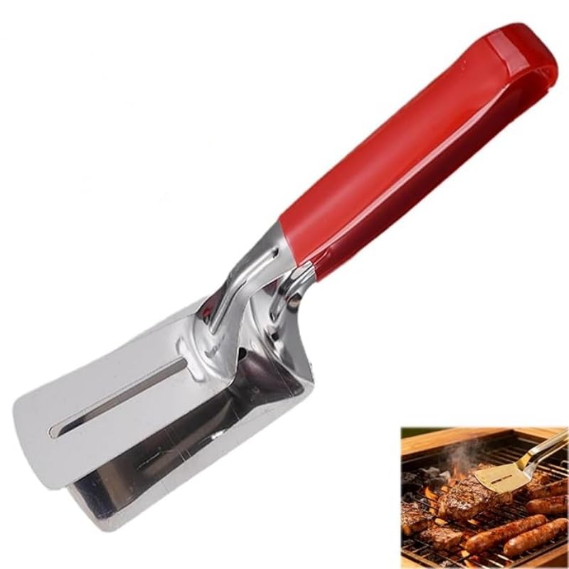 Stainless Steel Grill Clamp,10 Inch Multifunctional Food Flip Shovel Clip,Anti-Scald Extended Handle Spatula Tongs,Versatile Kitchen Tool,for Flipping Steak,Fish,Bread,Pizza (Red)