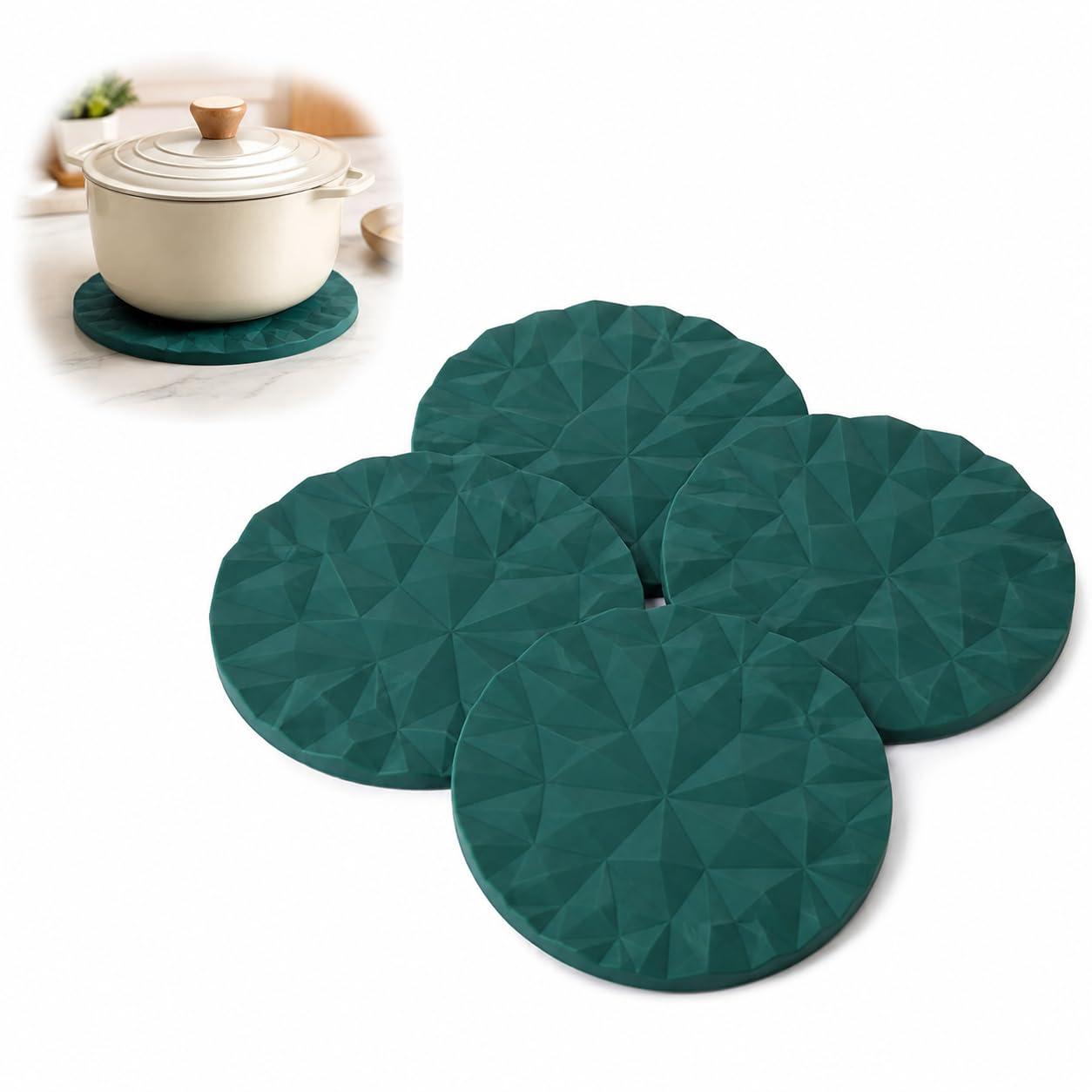 4 Pcs Dark Green 16cm Silicone Coasters, Large Non-Slip Heat Mats — image 1