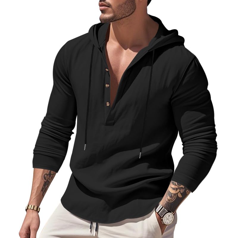 Mens Linen Long Sleeve Shirt Summer Casual Lightweight Hoodie Fashion Loose Solid Color Hooded Tops Button Neck