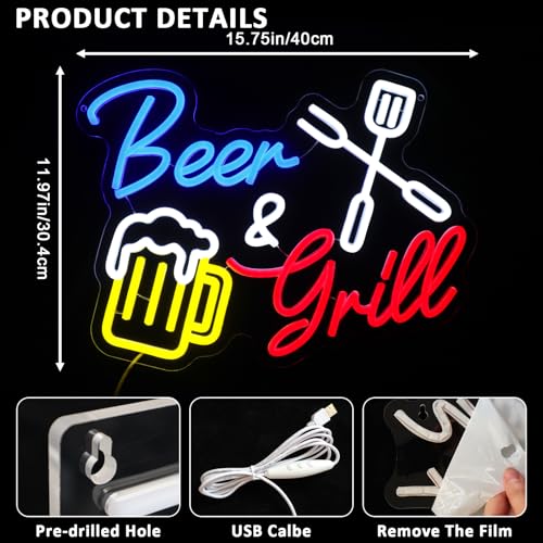 Image of Beer And Grill Neon Sign for Wall Decor, Grilling Led Signs for BBQ Bar, USB Dimmable 15.75 inch x 11.97 inch Neon Lights for Beer Bar Home Pub Restaurant Patio Man Cave Wall Art