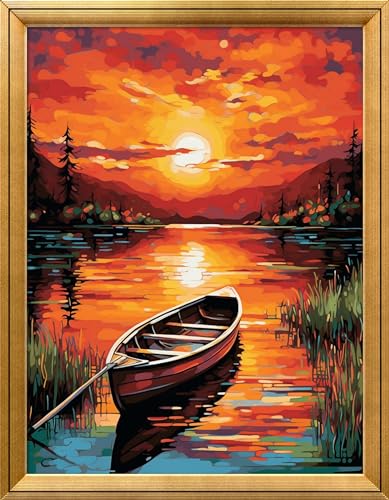 Image of Leczany Cross Stitch Stamped Kit for Beginner - Small Boat by The Lake | DIY Embroidery Starter Patterns Craft Kit Needlepoint for Adults | 11CT, 3 Strands | 13x16.9 inches