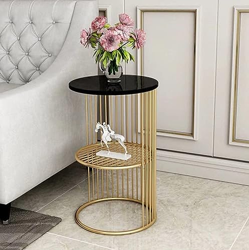 Image of Modern Round Metal Side Table with Storage Shelf Gold Finish Accent End Table | Black Top Sofa Side Table for Living Room, Bedroom, Balcony, Office. Decorative Coffee Table, Nightstand, Corner Table