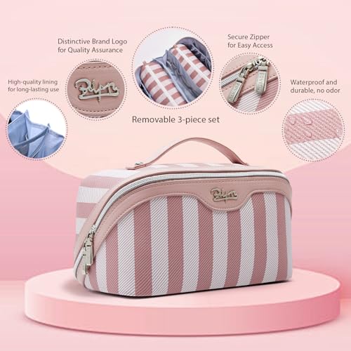 BOYATU Travel Makeup Bag for Women: Large Cosmetic Bag Set of 3 - PU Leather Make up Bag with Compartments - Compact Waterproof Toiletry Bag with Divider & Handle (A-01Pink)3