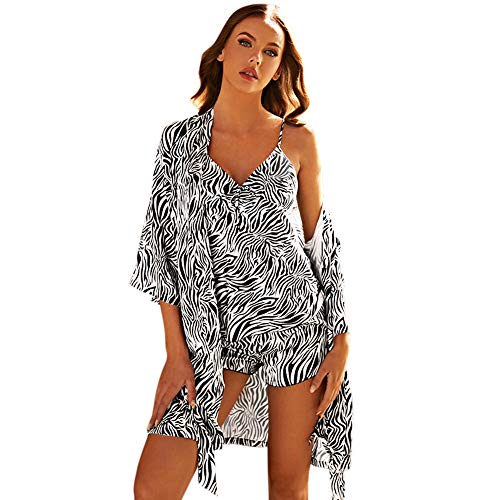 Bullpiano Pyjama imprimé pour Dames, Trois pièces en Satin de Soie Kimono Robe Pyjama Ensembles Peignoir Chemise de Nuit vêtements de Maison Cover