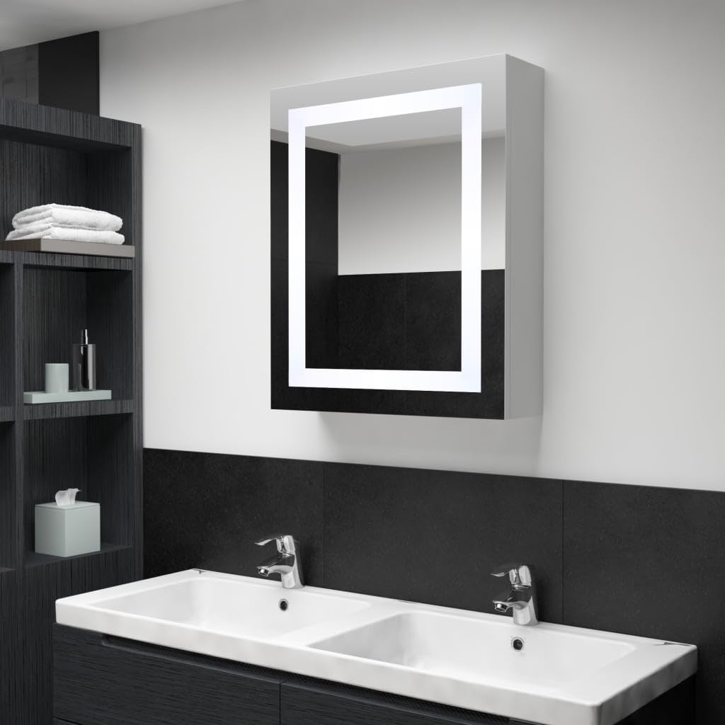 White LED Bathroom Mirror Cabinet, 19.7x5.1x27.6 Inch Wall Mounted Storage, Moisture-Resistant Wood MDF, Cool White Lighting, Modern Rectangular Design