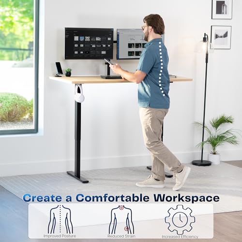 Image of VIVO Light Wood 60 x 30 in Standing Desk, DESK-KIT-1B6C-30 | Electric, Holds 220 lbs, Sit Stand, Height Adjustable, Extra Deep Table Top, Memory Presets, 1B Series, Black Frame