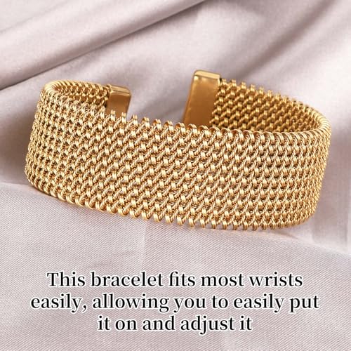 Gold Open Cuff Bangles Wide Woven, Gold Mesh Bracelet Stainless Steel Bangles Stackable Open Chunky Arm Cuff Vintage Boho Statement Wrist Jewelry for Women3