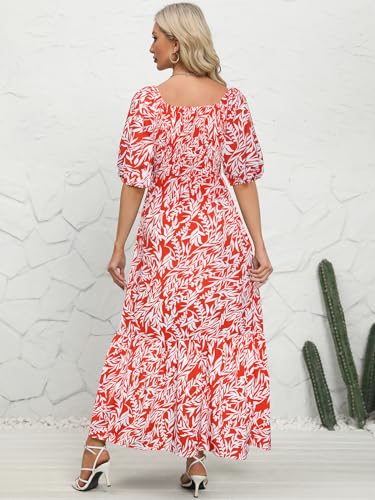 Image of Lyrur Summer Boho Smocked Maxi Dresses for Women Casual Puff Sleeve Square Neck A Line Tiered Ruffle Ankle Length Dress