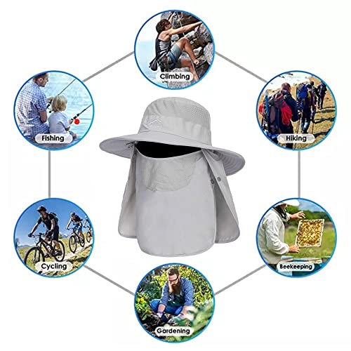Fishing Hat For Men, Outdoor 3 In 1 Sun Hat Summer Wide Brim Safari Hat Boonie Hat With Neck Flap Light Grey #TOP4