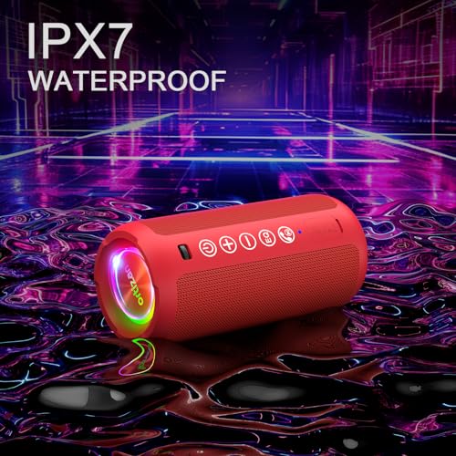 Image of Ortizan Portable Bluetooth Speaker: IPX7 Waterproof, 24W Loud Sound, Deep Bass, Bluetooth 5.3, LED Lights, Wireless Stereo Pairing, 30H Playtime, for Home /Outdoor /Party /Beach, Birthday Gift (Red)