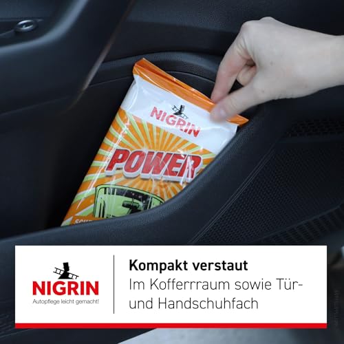 NIGRIN POWER Scheiben Reinigungstücher, für innen und außen, streifen-und schlierenfrei, praktisch für unterwegs, sicher und schonende Anwendung, Yellow Mellow, 20 Tücher