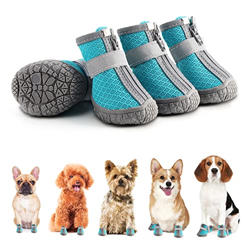 Dog Shoes for Small Dogs Boots, Breathable Dog Booties Paw Protector for Outdoor Walking, Puppy Shoes with Reflective Strips Rugged Anti-Slip Sole for Hardwood Floors Hot Pavement Winter Snow 4PCS/Set