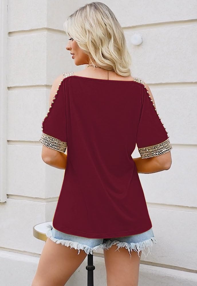 Womens Cold Shoulder Tops with Sequins V Neck Short Sleeve T Shirts Casual Loose Fit Basic Tee4