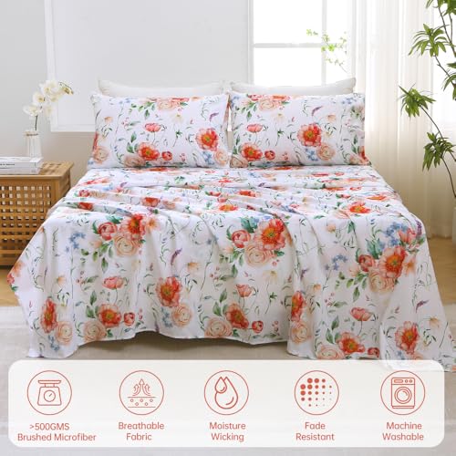 Image of MUXHOMO Queen Size 4 Piece Sheet Set, Soft & Breathable Sheet Set for Bedroom with Deep Pocket Up to 16 inch, Wrinkle-Free & Cooling Bed Sheet with Flat Sheet, Fitted Sheet & Pillowcases - Blooming Rose