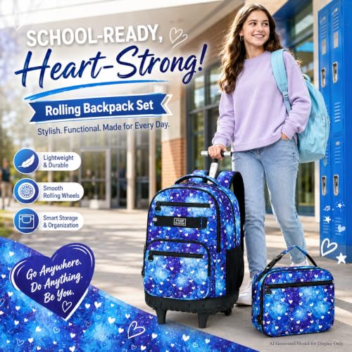 Image of 3Pcs Rolling Backpack for Girls Women, Travel Roller Backpacks with Wheels for Adults, Teens College Love Polka Dots Wheeled Bookbag with Lunch Box(Blue)