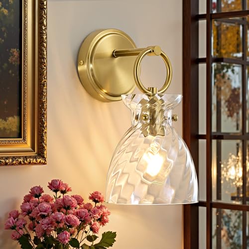 Image of Gold Wall Sconce 1-Light 6 Inch Clear Striped Glass Shade | Farmhouse Vanity Light Fixtures, Hardwired Wall Mount, Modern Wall Lights for Bathroom, Living Room, Mirror, Kitchen