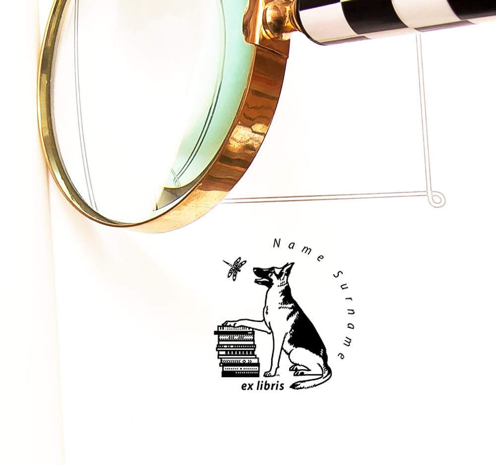 Pastore Tedesco Ex libris Personalizzabile, Timbro Cane e Libellula, Fatto a Mano Regali Amanti Cani Libri in Scatola Regalo Speciale