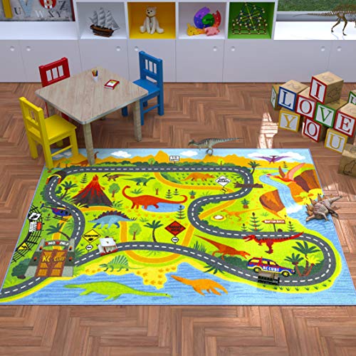 KC Cubs 5x7 Dinosaur Toy Car Dino Road Rug – Educational Play Mat Carpet for Kids, Toddlers, Nursery, Classroom, Playroom, Baby Daycare, Boys & Girls by KC Cubs - Image 5