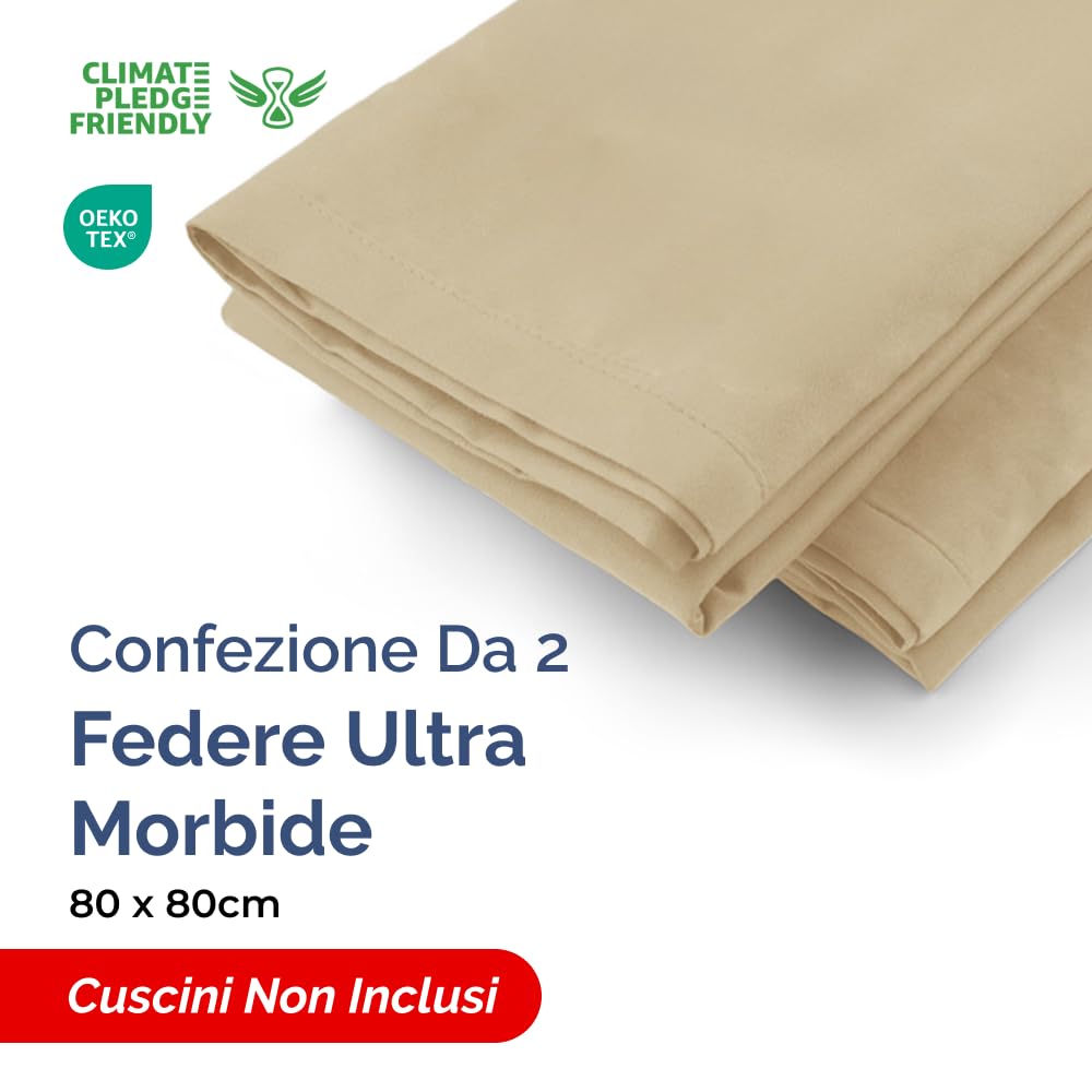 Federa 80x80 Beige - Set da 2 - Federe in Microfibra di Alta Qualità - Morbide, Confortevoli e Lavabili in Lavatrice - Federa 80x80 per Cuscini, Set 2 Federe Beige - OEKO-TEX Certificato
