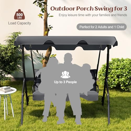 Image of Tangkula 3 Person Porch Swing, Patio Swing with Removable Cushion & Powder-Coated Steel Frame, Outdoor Swing with Canopy for Porch, Backyard, Garden, Balcony (Gray)