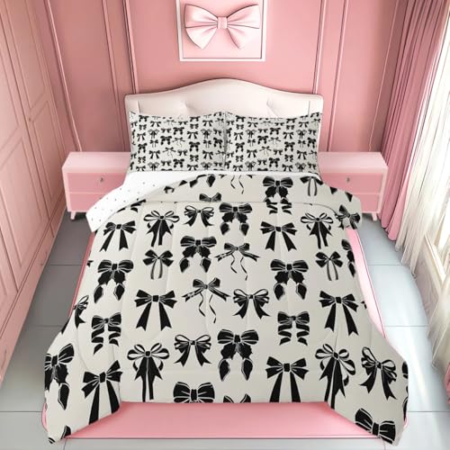 Feelyou Bow Bedding Set Twin Size Black Bow Comforter Set for Kids Boys Girls Decor Cute Bowknot Comforter Microfiber Girls Bow Duvet Set Bedroom Quilt Set