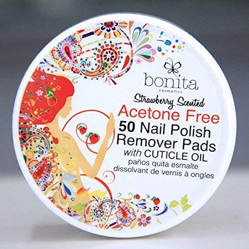 Acetone Free 50 Nail Polish Remover Pads with Cuticle Oil, Strawberry Scented, Bonita Cosmetics