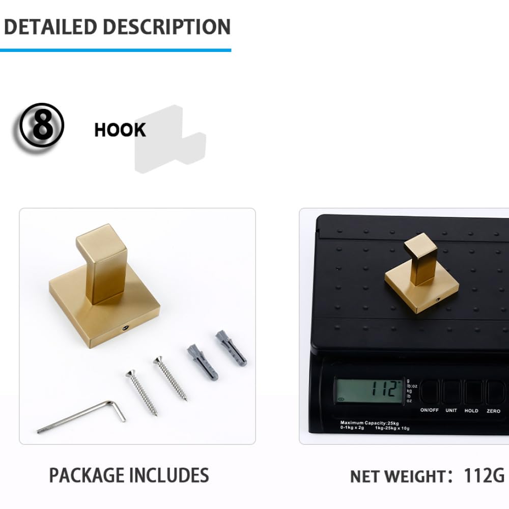 Juego de Accesorios de baño de Oro Cepillado Soporte de Rollo de Papel higiénico de Montaje en Pared Toallero Colgador de Bata Kit de Accesorios de Acero Inoxidable, Gancho de Bata BG