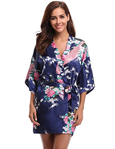 Aibrou Women's Kimono Robe Satin Peacock Bathrobe Short Silk Bridal Robe Dark Blue - Thumbnail 2