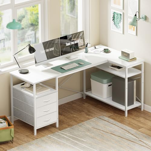 Image of Huuger L Shaped Office Desk with Power Outlets & 3 Drawers | 55 Inch Computer Desk with Shelves, Reverisble for Gaming Corner Work Home Office Study, White