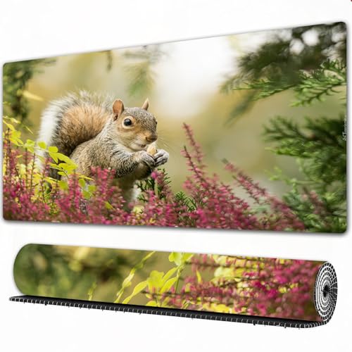 EOMKSE Mauspad Verlängertes großes Mauspad Schreibtischauflage,genähte Kanten Mauspad,Gummibasis,Eichhörnchen frisst Nüsse, Blumen,Gaming-Mauspad,40x75 cm