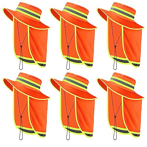 Jexine 6 Pcs Reflective Safety Hat High Visibility Neck Flap Boonie Hat Wide Brim Work Hats Breathable Bucket Cap for Worker (Orange)