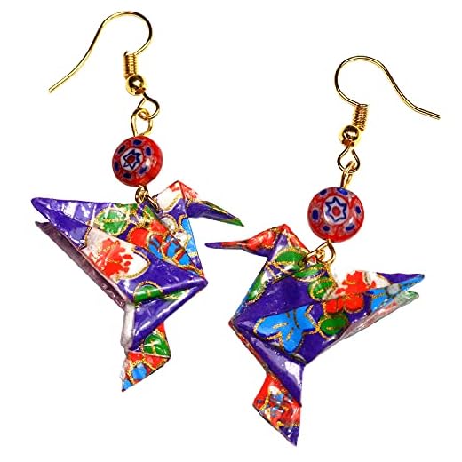 Paper Origami Hummingbird & Glass Bead Earrings Royal Blue Orange 1st Anniversary Mother's Day Gift