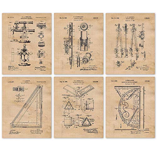 Classic Architect Tools Patent Prints, 6 (8x10) Unframed Photos, Wall Art Decor Gift for Home Office Gears Wood Work Garage Shop Builder Studio Engineeer School Student Teacher Construction Coach Fan