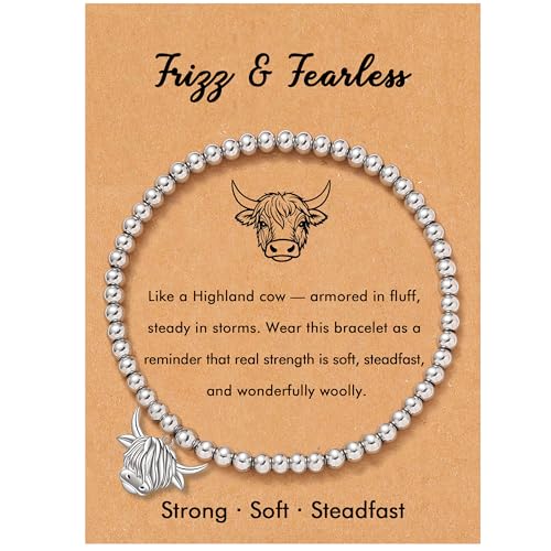 RZKING Highland Cow Gifts Silvery Beaded Highland Cow Bracelets Best Friend Birthday Gifts for Women Sister Daughter (Highland Cow)