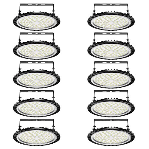 Viugreum 10 Pack 300W UFO LED High Bay Lights, 30000LM 6000K-6500K Daylight White Ultra Thin LED Warehouse Lighting, IP65 Waterproof Commercial Bay Lighting Garage Shop Area Light